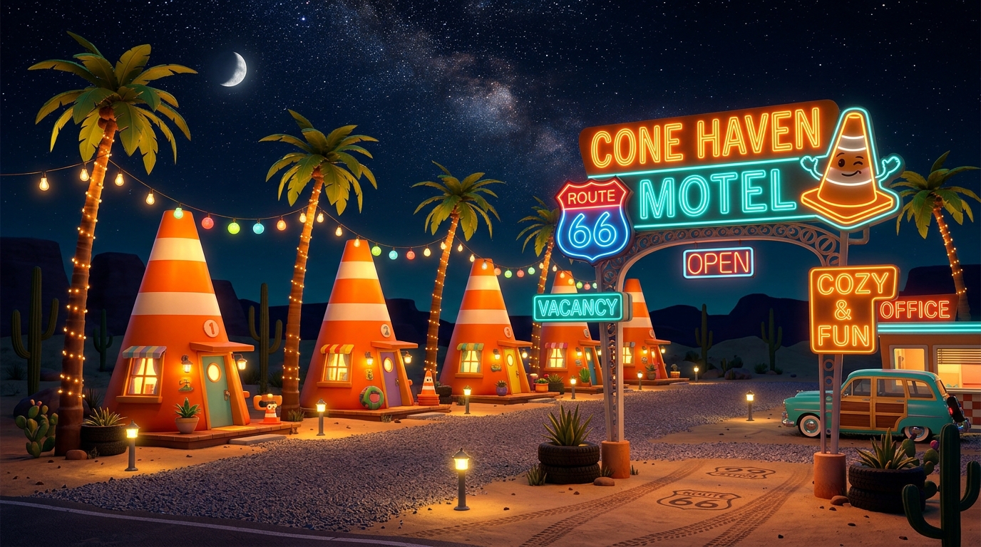 Flo's V8 Café y Cozy Cone Motel con luces de neón